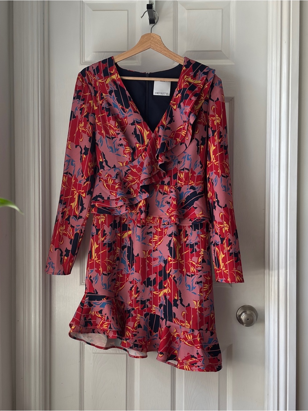 C/MEO Collective Red Floral Ruffle V-Neck Long Sleeve Dress